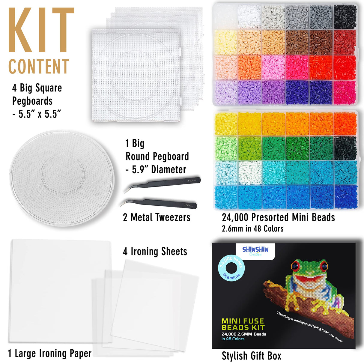 24,000 Mini Fuse Beads Kit for Adults - 48 Colors Tiny 2.6mm Beads, 5 Pegboards, 2 Tweezers - Compatible with Hama, Melty Beads, Iron Beads Craft - Bulk Storage shinshin creation