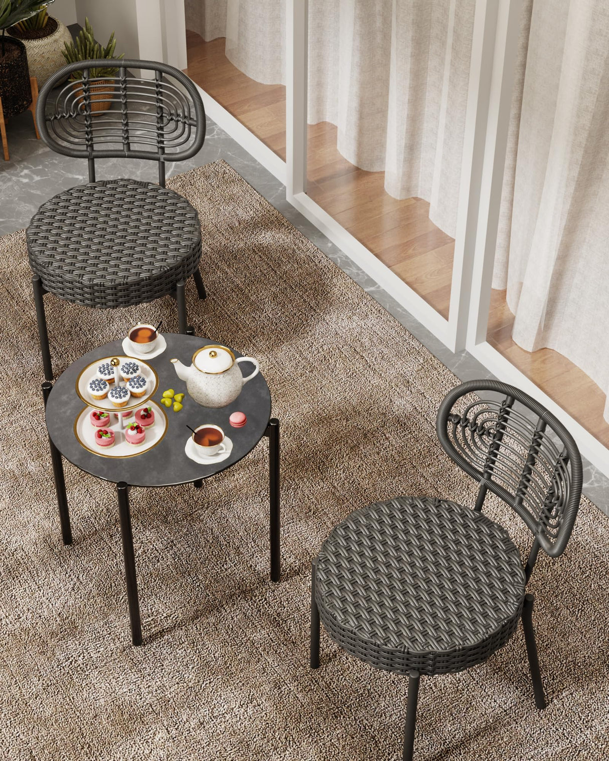 GarveeLife 3 Piece Wicker Patio Bistro Furniture Set, Outdoor Dining Chairs, Includes 2 Rattan Chairs and Tempered Glass Table, for Garden, Backyard, Balcony, Apartment, Black & Grey GarveeLife