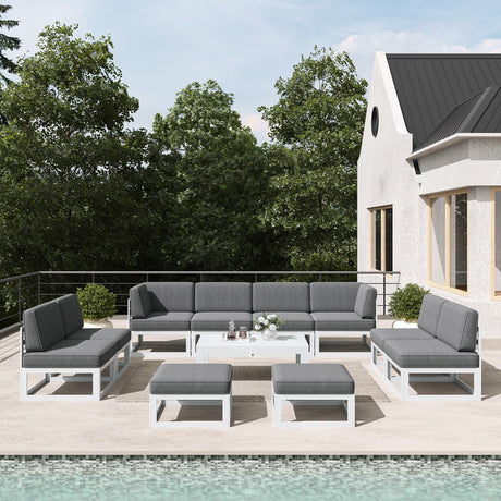 LayinSun 11 Pieces Modern Aluminum Patio Furniture Set with Coffee Table, Outdoor Modular Sectional Conversation Set L-Shaped Sofa for Backyard LayinSun