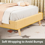 LIKIMIO Twin Size Bed Frame with Headboard, Fully Cotton Upholstered Foundation, Wooden Slats Support, Noise Free, No Box Spring Needed, Easy Assembly, Rustic Yellow and White Checkered LIKIMIO