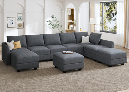 HONBAY Modular Sectional Sofa with Storage Reversible Sectional Modular Sofa Couch with Ottomans U Shaped Sectional Couch for Living Room, Bluish Grey