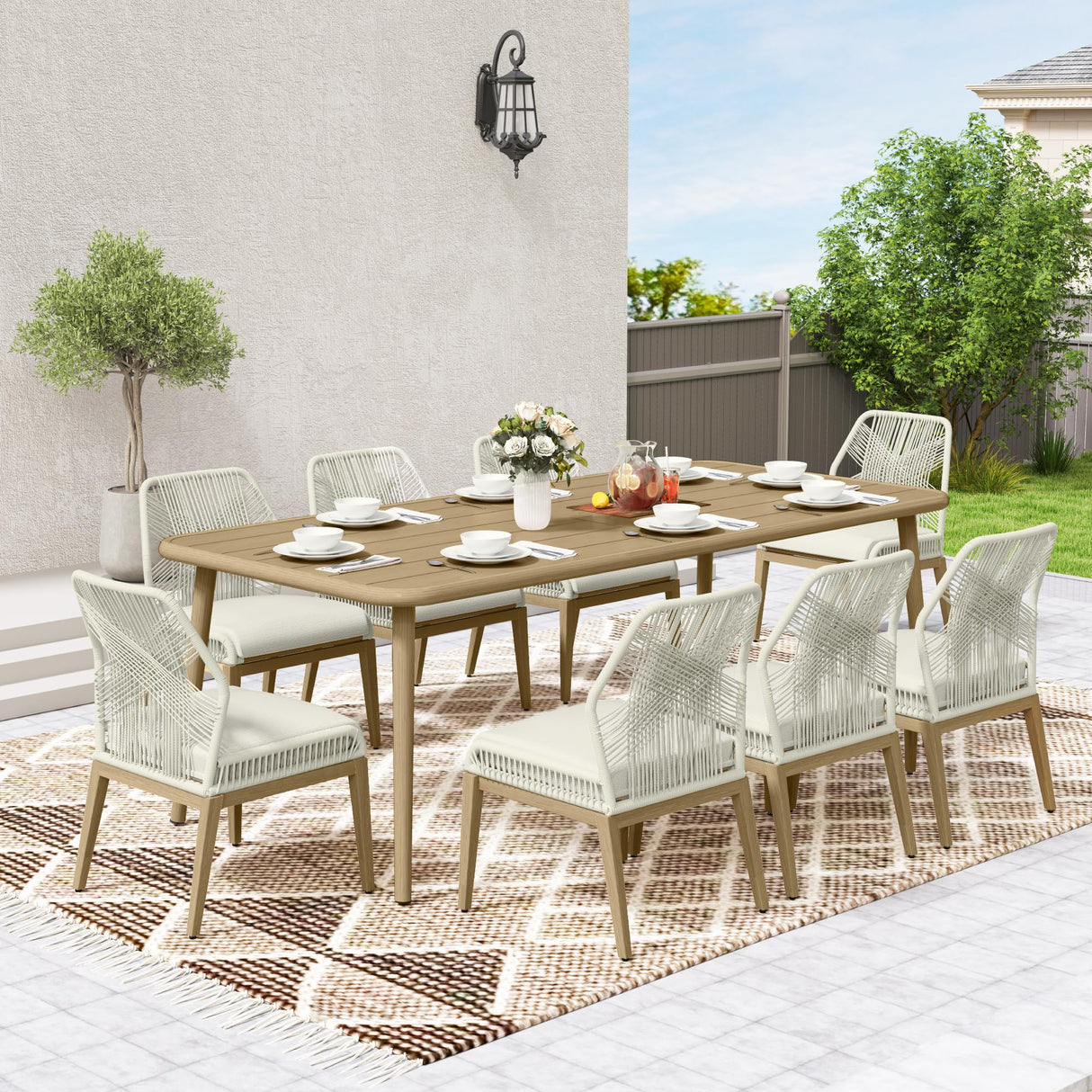 LUXIJOY Patio Dining Set 9-Piece Outdoor, Wood-Grain Aluminum Table with Umbrella Hole, Outdoor Table and Chairs Set with Removable Cuhsion, Woven Rope Back Chairs for Lawn, Garden, Backyard LUXIJOY