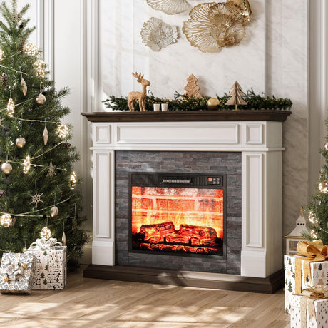 LGHM 44" Electric Fireplace with Mantel, Portable Freestanding Wood Stove Heater, Realistic 3D Dancing Flame Effect and Stacked Stone Surround, Remote Control Timer for Living Room, Bedroom LGHM