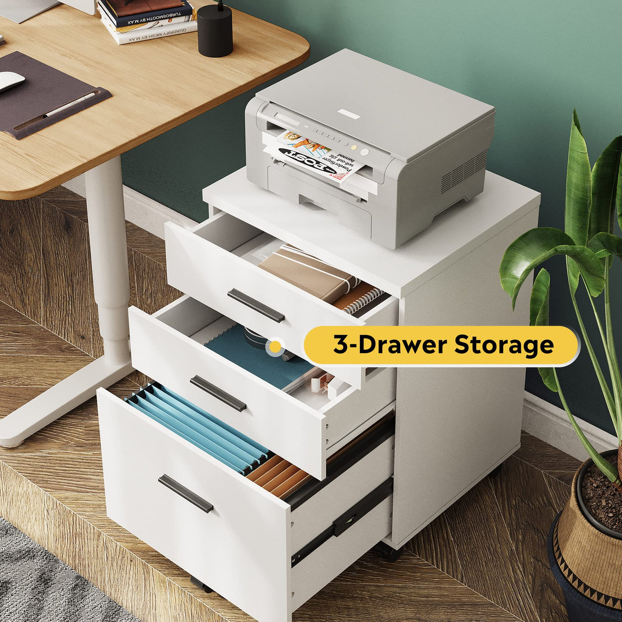 DEVAISE 3 Drawer File Cabinet for Home Office, Wood Under Desk Filing Cabinet, Rolling Printer Stand with Wheels, White DEVAISE