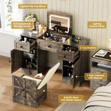 MDGC 3 in 1 Vanity Desk with Mirror and Lights, Farmhouse Dressing Table with Charging Station, Compact Makeup Vanity Table with 3 Drawers, Adjustable Shelves & Hidden Storage Stool (Rustic Brown) MDGC