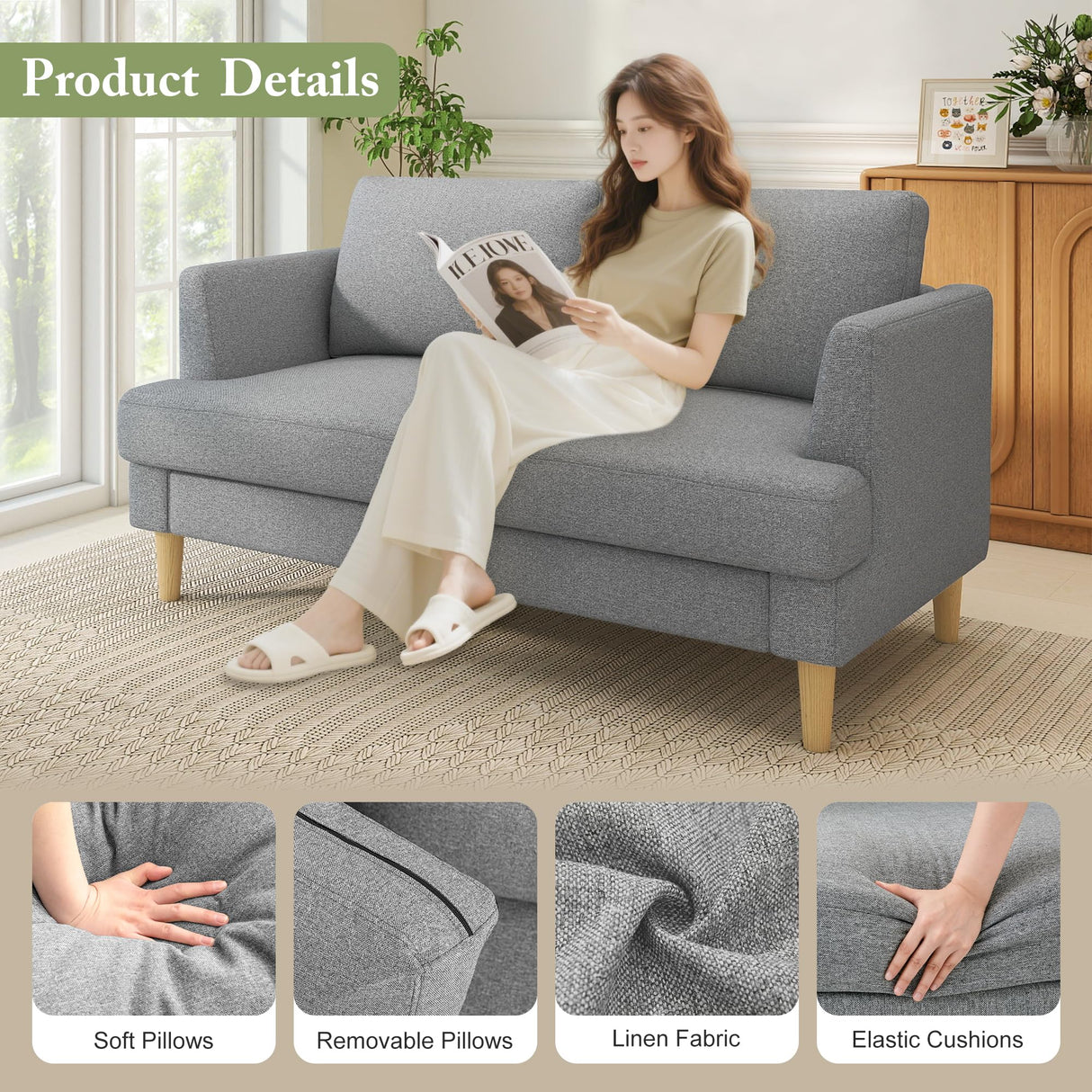 Busaurus Loveseat - Mid Century 56" Upholstered 2-Seater Couch for Living Room, Bedroom, Apartment - Grey Busaurus