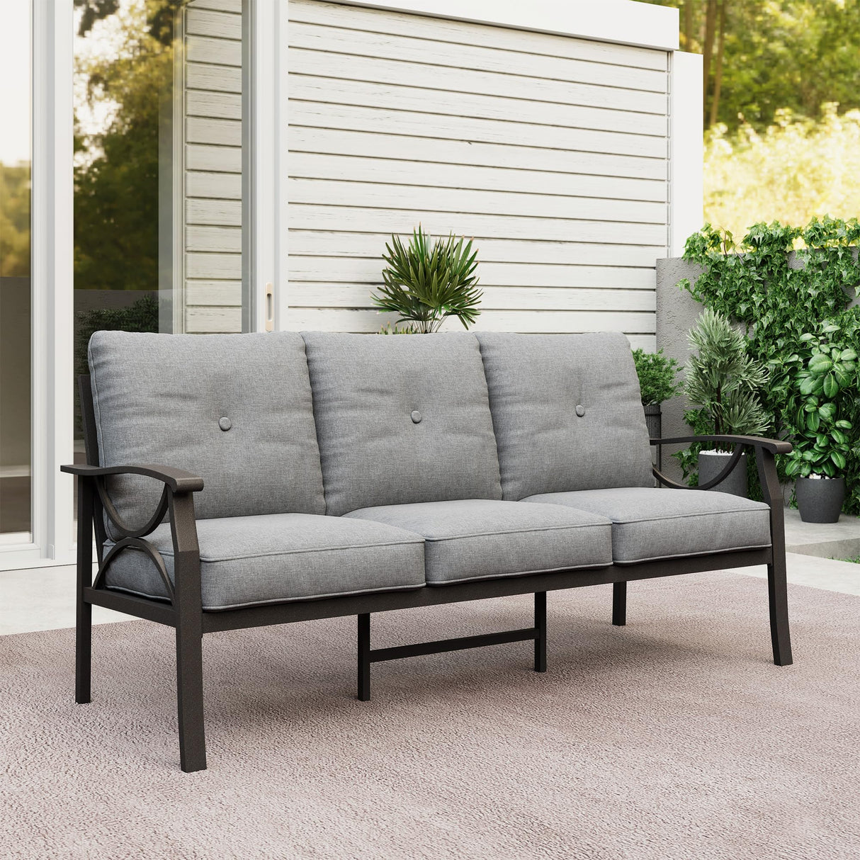 RoyalCraft Patio 3 Seats Sofa, All-Weather Outdoor Couch, Patio Furniture Sofa,Khaki Metal Furniture with Gray Cushions RoyalCraft
