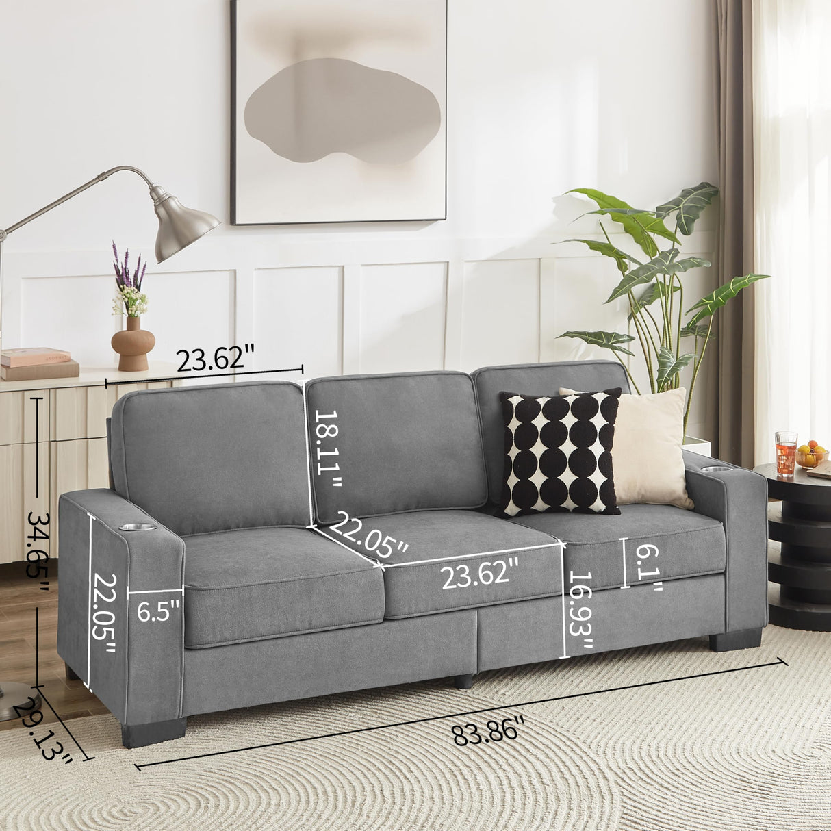 83.86" Couch Sofa with with Cup Holders & Extra Deep Seat, Modern Plush Corduroy Sofa Cloud Couch, Comfy Upholstered 3 Seater Sofa Bed Couches for Living Room, Apartment, Office, Light Grey SLEERWAY