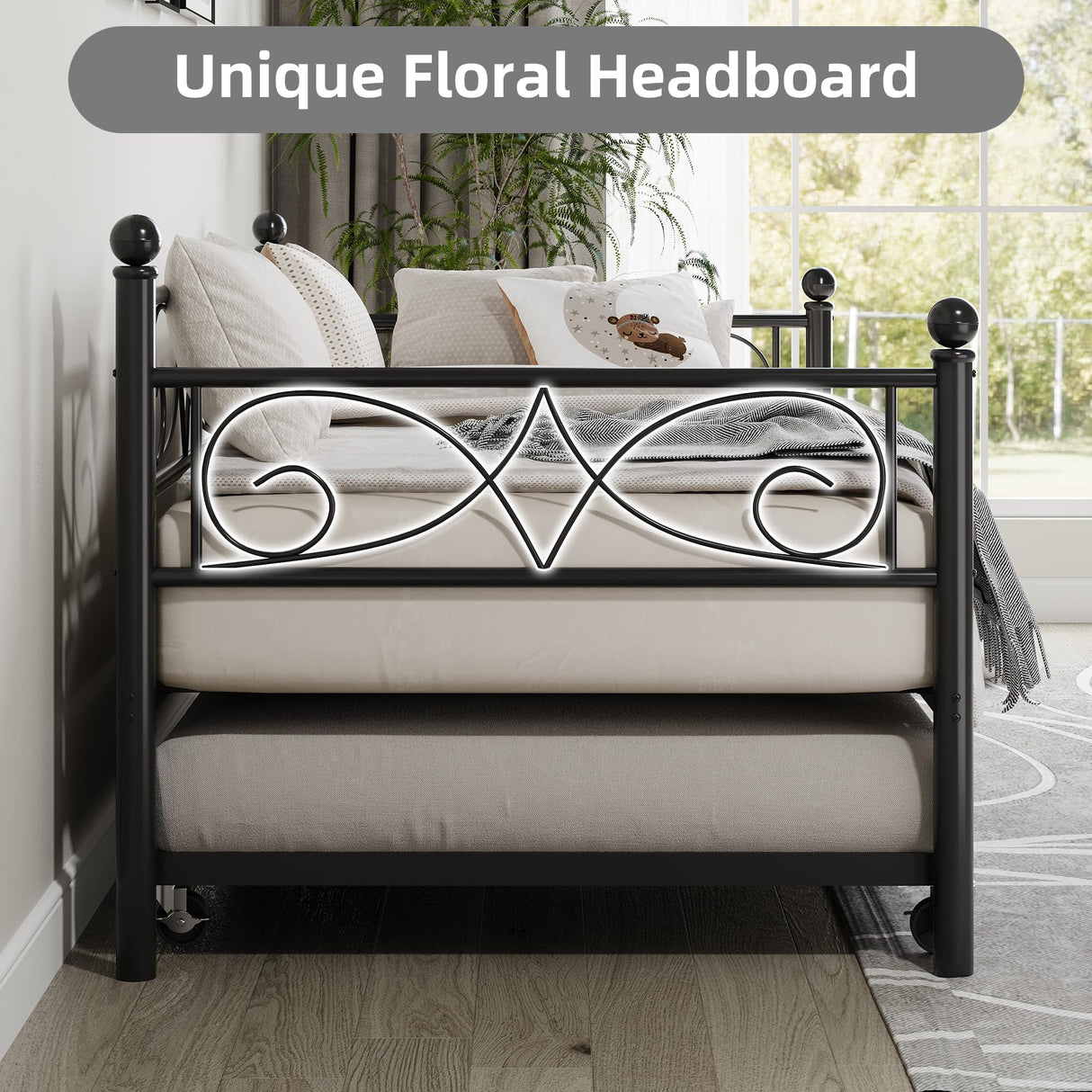 IDEALHOUSE Twin Daybed with Trundle, Metal Trundle Bed, Sofa Bed Frame, Heavy Duty Metal Slats, for Living Room, Bedroom, Guest Room, Space Saving, Black IDEALHOUSE