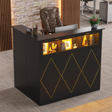 PAKASEPT Reception Desk with LED Lights, L-Shaped Modern Front Desk with Glass Display Shelf, Reception Counter Table for Lobbies, Salons, Retail, Home Offices (Black) PAKASEPT