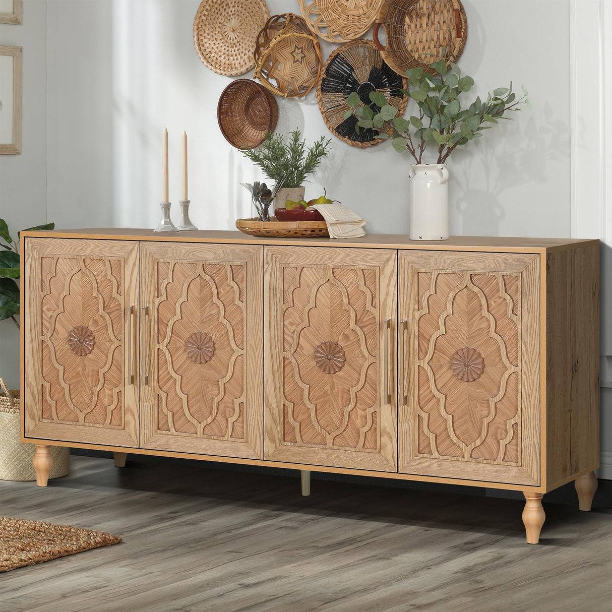 Daxue Vintage Console Table w Hand Carved Flower 63-inch Sofa Table with Storage Wood Sideboard with 2-Tier Shelves, Accent Table for Entryway Living Room Daxue