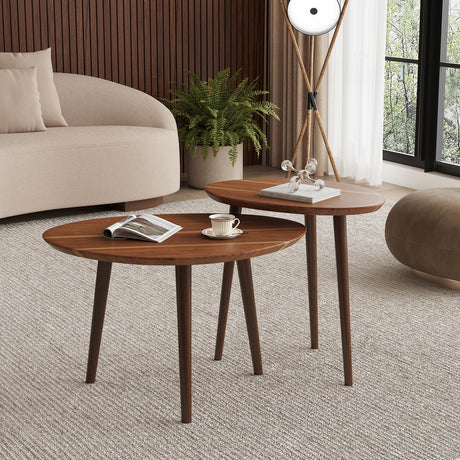 Semjar Small Oval Coffee Tables Set,Acacia Wood Tabletop Nesting Tables（25.6"x17.7"+17.7"x13.4" for Living Room Small Spaces Office,Easy Assembly Minimalist Walnut Mid Century Modern Coffee Table Semjar