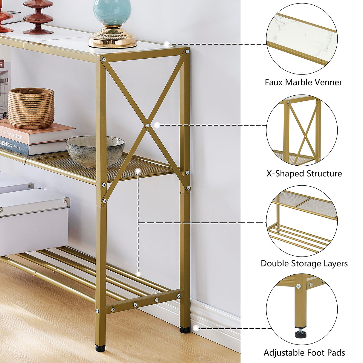 Hoctieon Gold Console Table, 3 Tier Entryway Table, Hallway Table, Narrow Sofa Table with Shelves, Entrance Table for Entryway, Gold and White Hoctieon