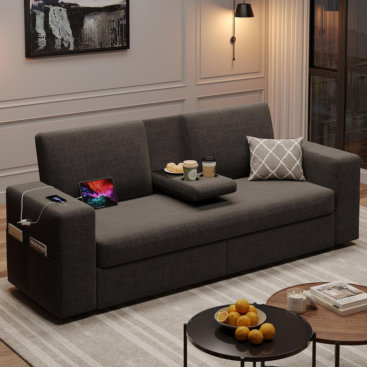 Maupvit 75” Loveseat Sofa with 2 Drawers, USB & Type-C Charging Port, Comfortable Linen Living Room Couch with Small Table Board, Upholstered Small Settee Fits Bedroom, Office, Grey Maupvit