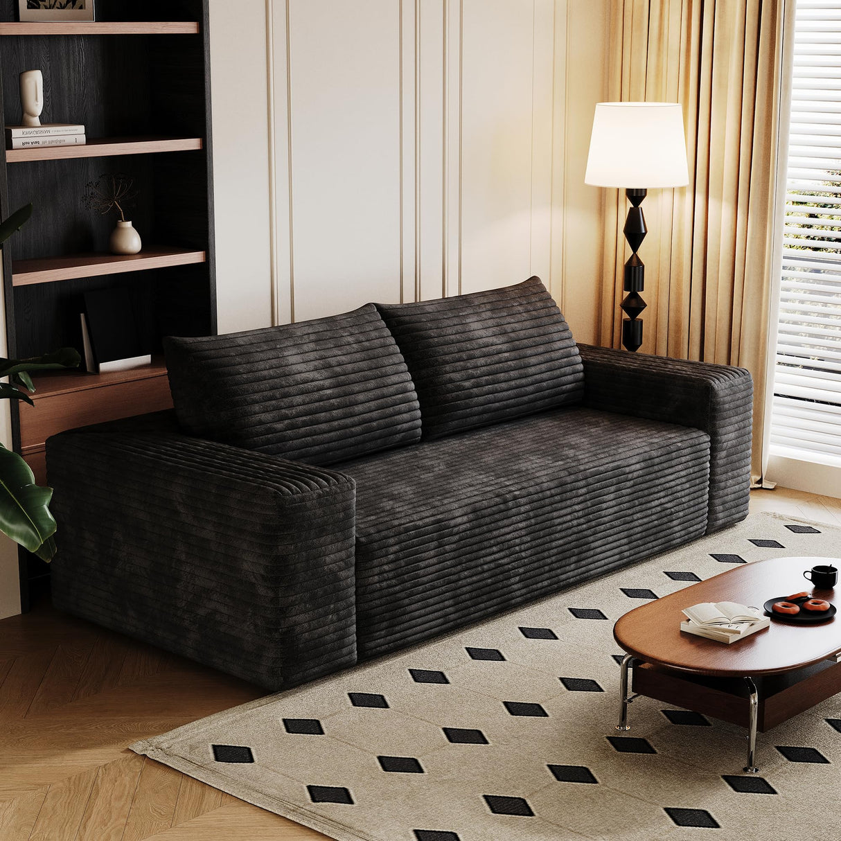 KIVENJAJA 63.04" Cloud Boneless Loveseat Sofa in a Box, Corduroy Compressed Sofa with 2 Pillows, 2 Seater Couch, Modern Comfy Boneless Couch for Living Room, Bedroom, Apartment, Black KIVENJAJA