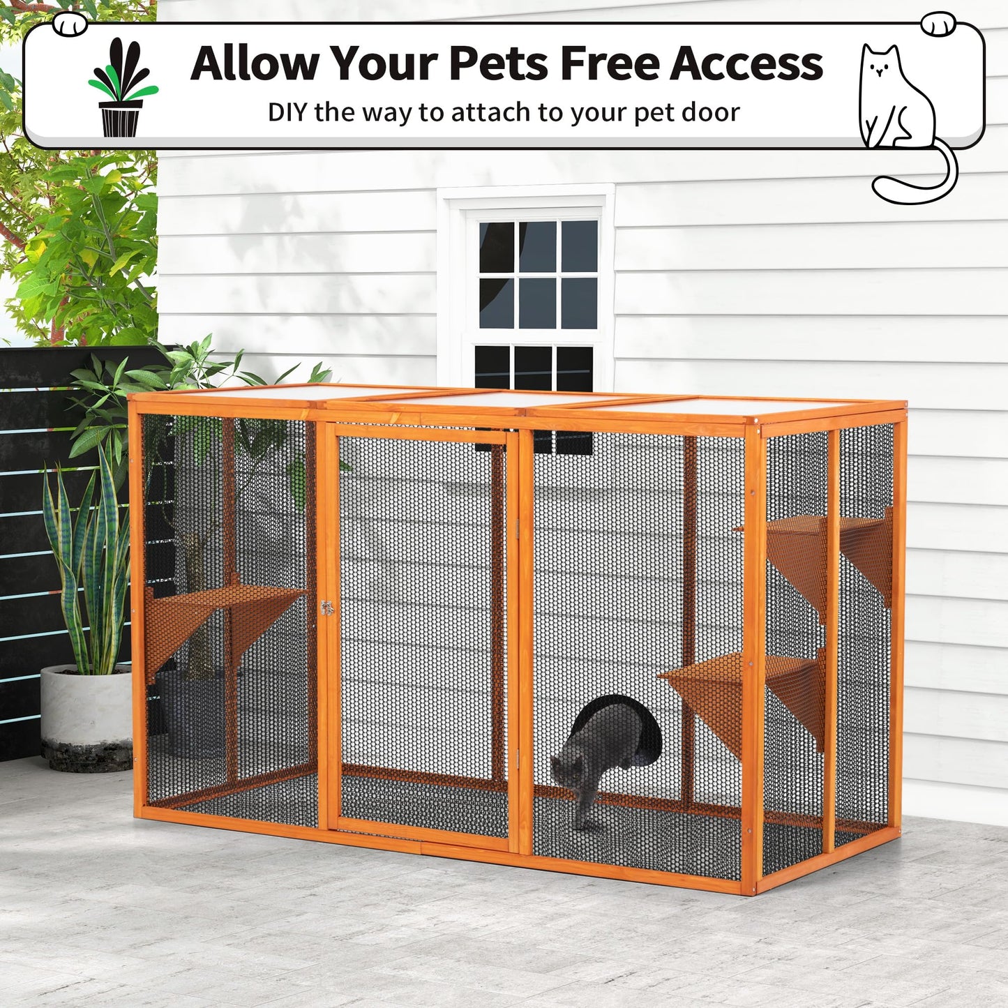 COZIVVOVV Wooden Cat House, Catio Outdoor Cat Enclosure, Large Cat Cage with 3 Platforms, Door and Asphalt Roof, Kitty Condo Indoor Playpen (Orange-New, Large) - WoodArtSupply