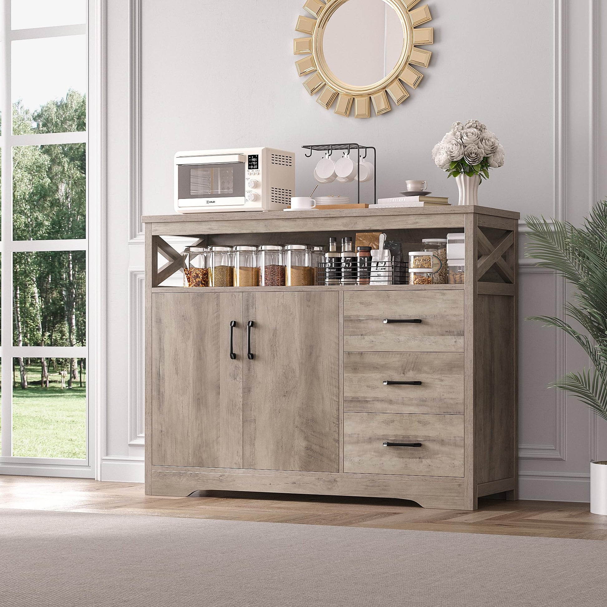 HOSTACK Modern Farmhouse Sideboard Buffet Cabinet, Kitchen Buffet Storage Cabinet with Drawers & Shelves, Wooden Coffee Bar Cabinet with Storage for Dining Room, Living Room, Ash Gray - WoodArtSupply