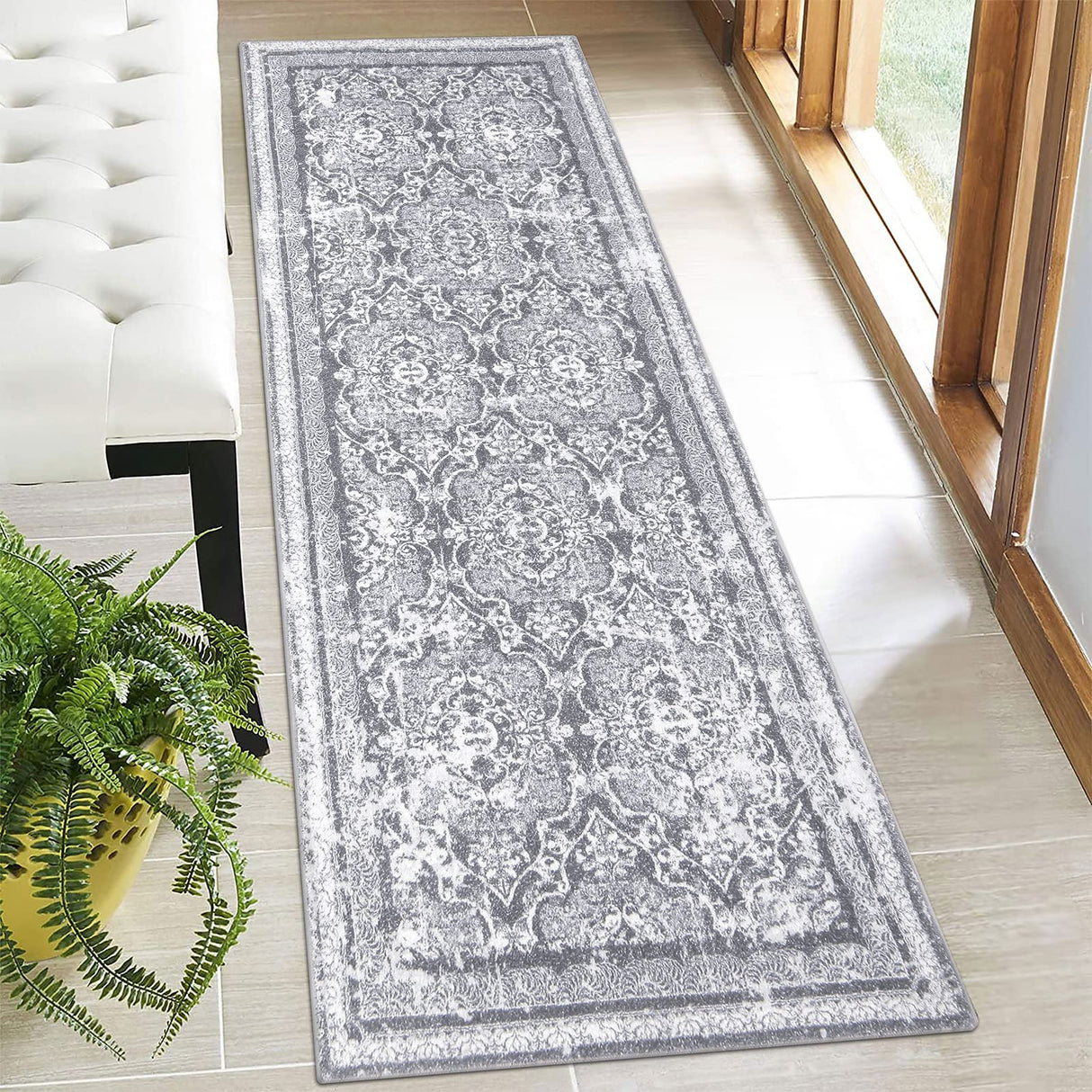 Vaukki Hallway Runner Rug, Vintage Shaggy Soft Laundry Rug Runner, Non Slip Entryway Mat, Washable Farmhouse Kitchen Area Carpet for Bathroom, and Bedroom (2' X 6', Grey) Vaukki