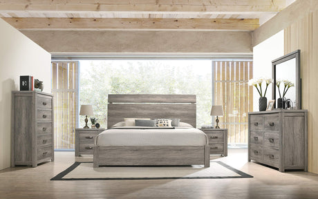 Roundhill Furniture Floren Contemporary Weathered Gray Wood Bedroom Set, Queen Panel Bed, Dresser, Mirror, Two Nightstands, Chest Roundhill Furniture