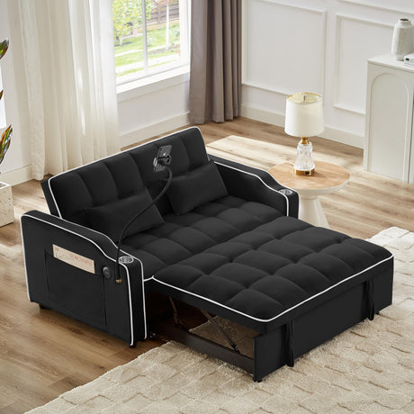 KEIKI 55" Velvet Convertible Loveseats Pull-Out Sleeper Sofa Bed with Adjsutable Back, 2 Arm Pocket, USB, 2-Seater Couch with Ashtray and Swivel Phone Stand, Easy Assembly, for Living Room, Black KEIKI