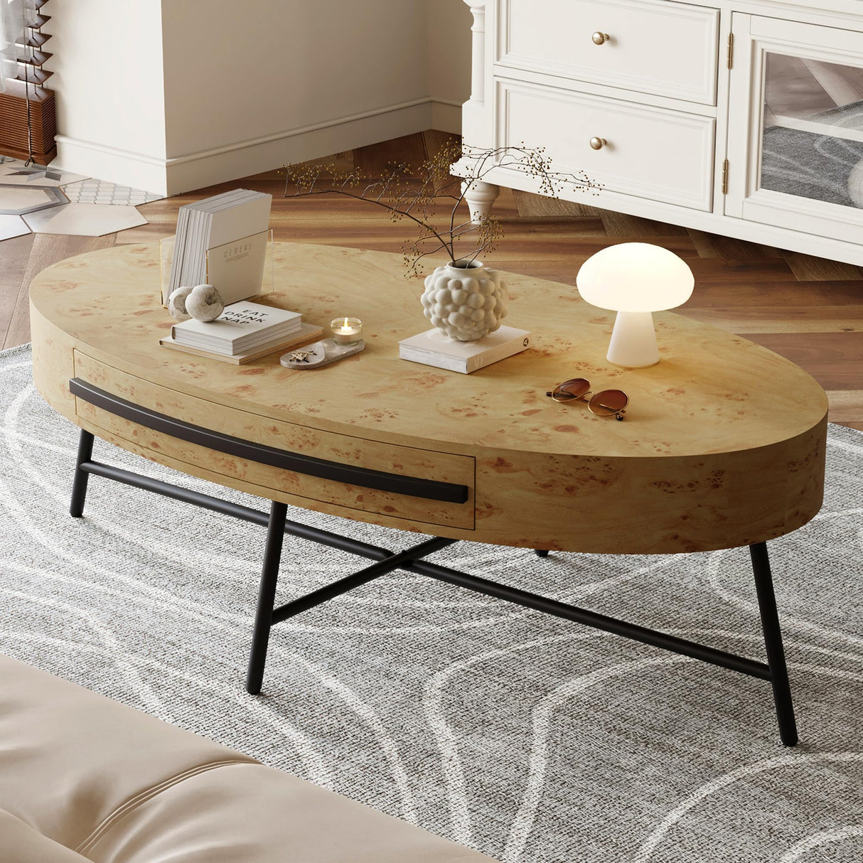 Oval Coffee Table with Drawer, Farmhouse Wooden Center Table 47.2" with Storage, Cross Metal Legs, Unique Curved Design, Center Tables for Living Room, Walnut Finish, Modern Rustic Accent Tea Table IDEALHOUSE