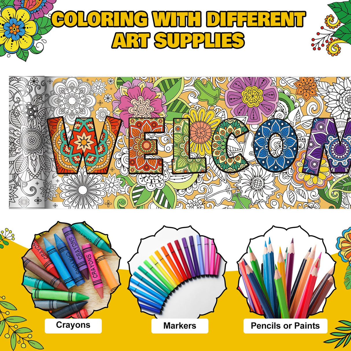 Janlaugh 3 Pack Giant Mandala Coloring Posters 9.8 Feet Long Back to School Motivational Jumbo Large Coloring Sheets Pages DIY Drawing Paper Rolls for Summer Classroom Craft Home Team Art Activity Janlaugh