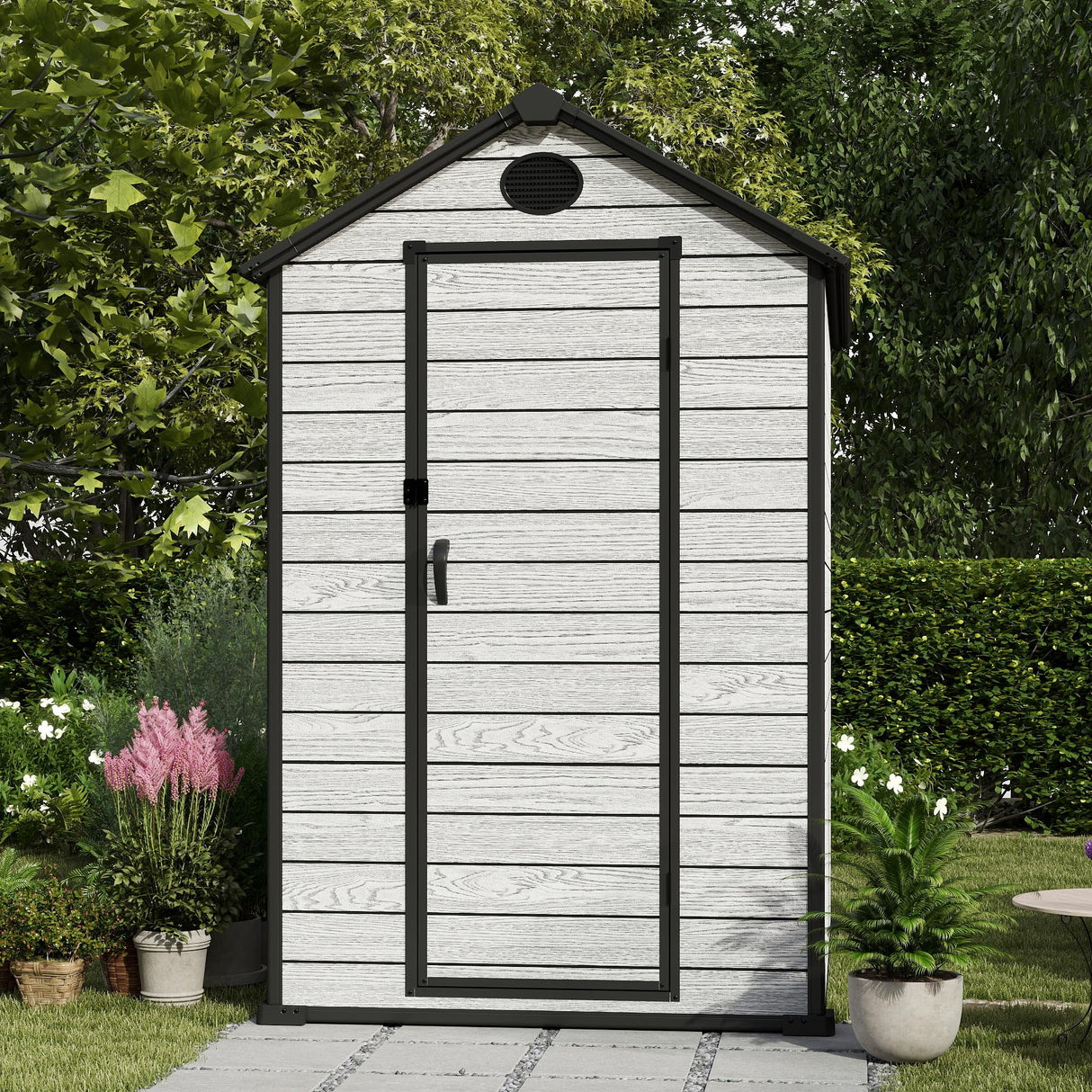 EHHLY 4.4x6 FT Resin Outdoor Storage Shed Large, 230 Cuft Garden Tool Sheds & Outdoor Storage Plastic Shed with Floor, 7FT Tall Backyard Outside Lawn Mower Storage Shed with Side Window, Cemented Grey EHHLY
