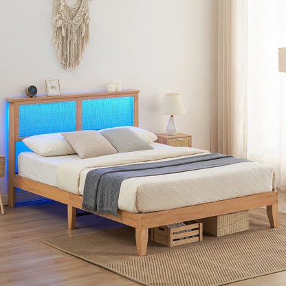 Solid Wood Full Bed Frame with Rattan Headboard & LED Lights - Modern Design, Noise-Free, No Box Spring Needed - WoodArtSupply