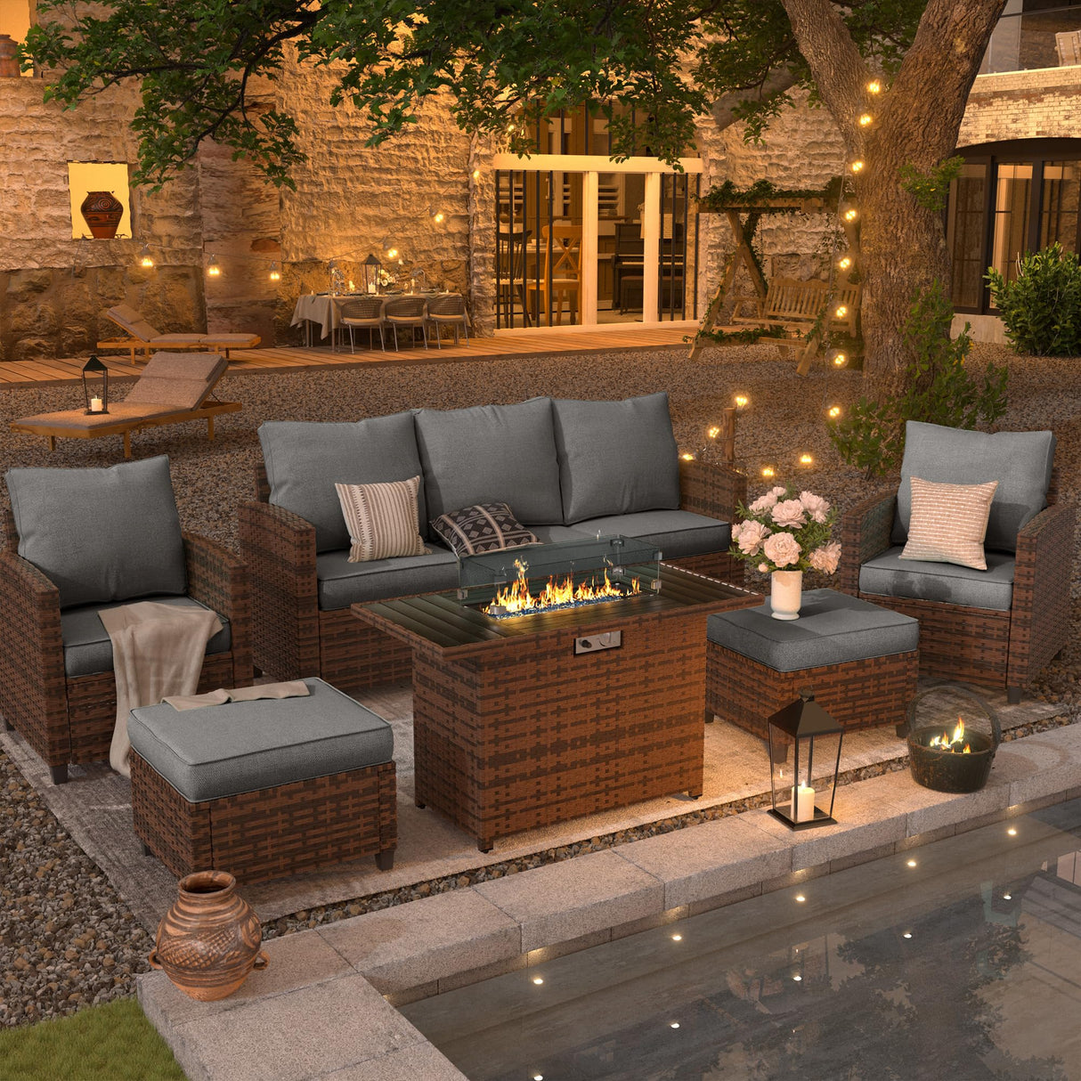 UDPATIO Outdoor Patio Furniture Set with 44" Fire Pit Table, 6 Pieces Sectional Conversation Sets, All-Weather Wicker Rattan Sofa Ottoman with 4" Thick Cushion for Garden Backyard Deck, Dark Grey UDPATIO