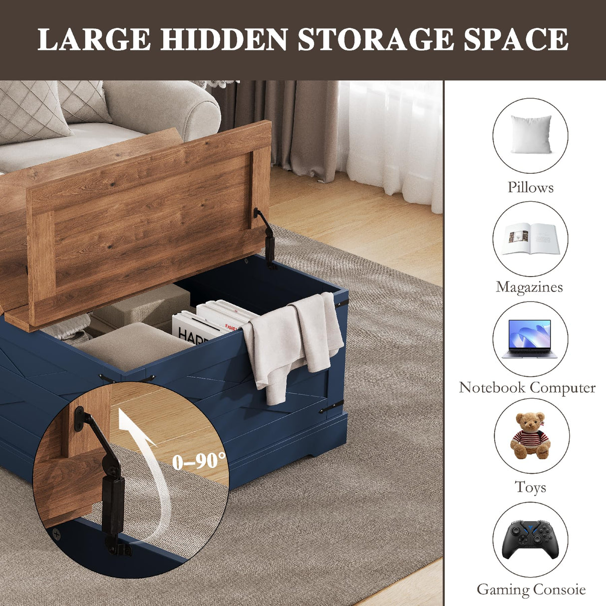 BestHaped Farmhouse Coffee Table with Hidden Storage, Navy Blue Square Coffee Table for Living Room, Wood Large Center Table with Hinged Lift Top for Home, Office BestHaped