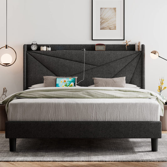 Feonase Dark Gray Upholstered Queen Bed Frame with USB Ports and Storage Headboard - WoodArtSupply