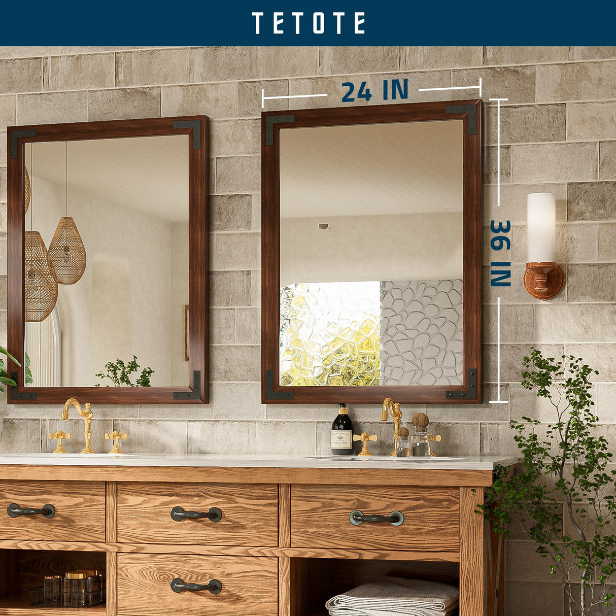 TETOTE 24 x 36 Wood Framed Bathroom Vanity Mirror for Over Sink, Rustic Natural Dark Brown Wooden Rectangle Wall Mirror for Farmhouse Boho Decor, Horizontal/Vertical, Easy to Install TETOTE