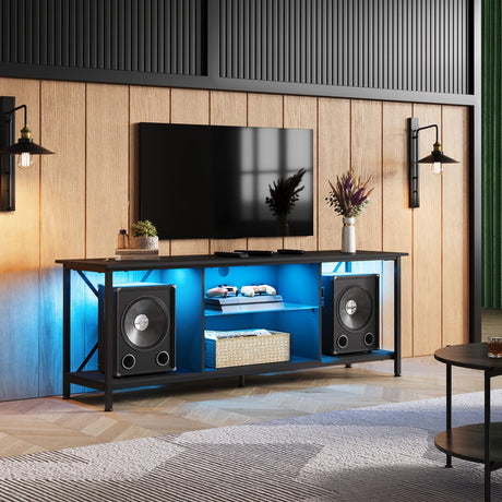 WLIVE TV Stand up to 65 Inch TV, 55" Entertainment Center with LED, Industrial TV Console with Glass Shelf for Living Room and Bedroom, Black WLIVE