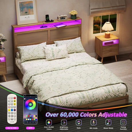 Maupvit Full Size Boho Bed Frame with Rattan Hidden Storage Headboard, LED Light and 4 Drawers, Charging Station, Metal Platform Bed, No Box Spring Needed,Brown Maupvit