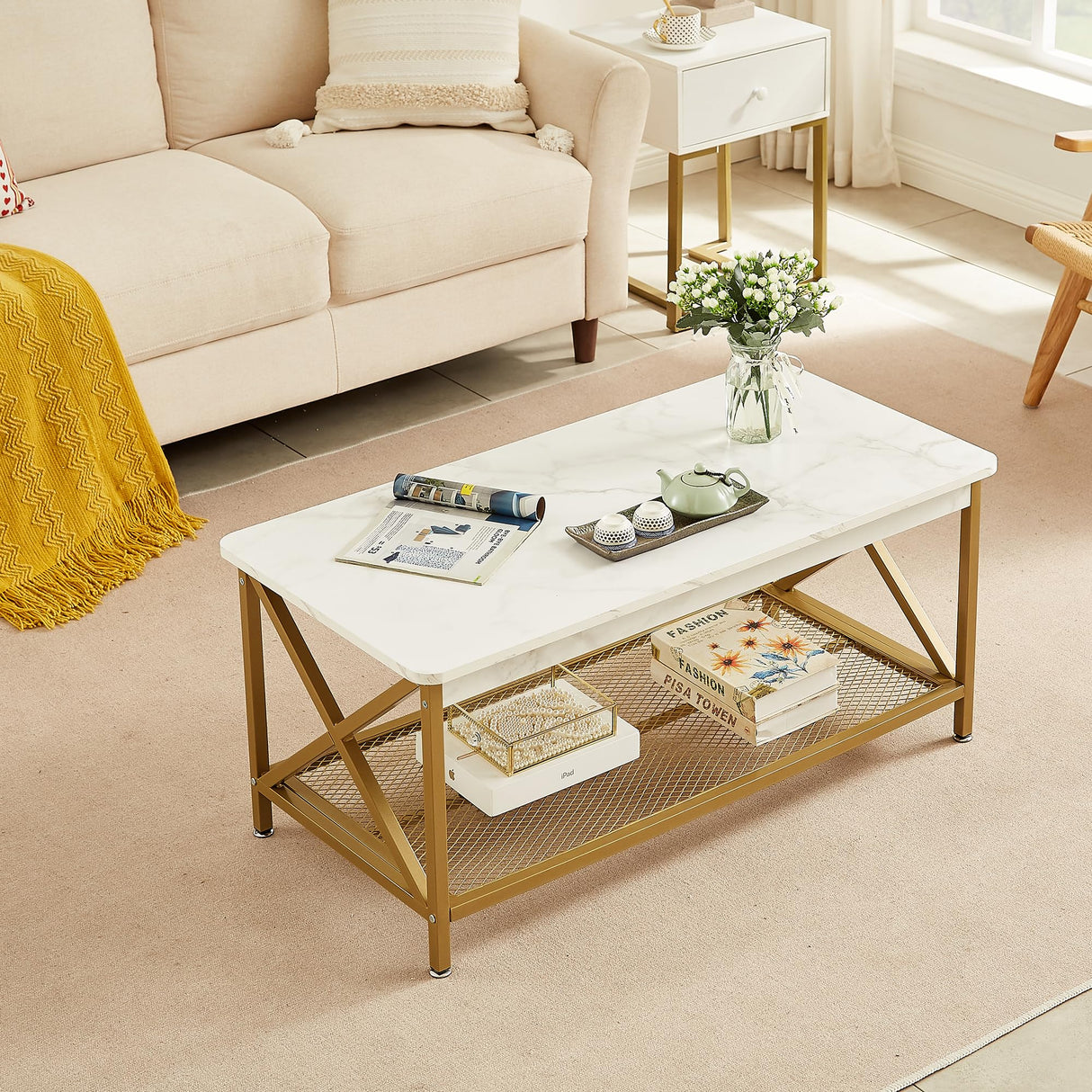 VECELO Coffee Table with 2-Tier Storage Shelf X-Frame for Living Room, Office Industrial Style,Easy Assembly, 39 inch White Gold VECELO