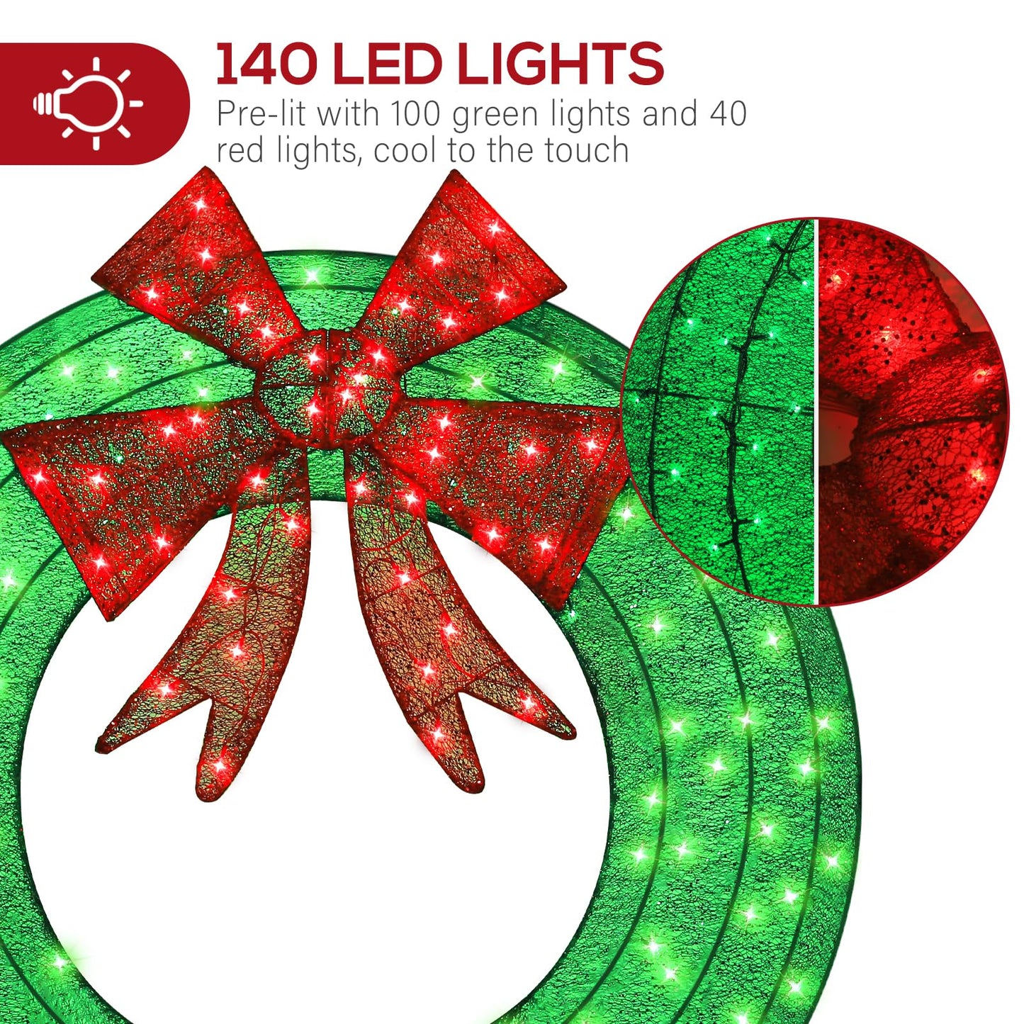 Hykolity 48 in. 3D Pre-lit Outdoor Christmas Wreath with 140 LED Lights & Bow, Outdoor Christmas Holiday Yard Decoration for Garden, Porch - Green/Red