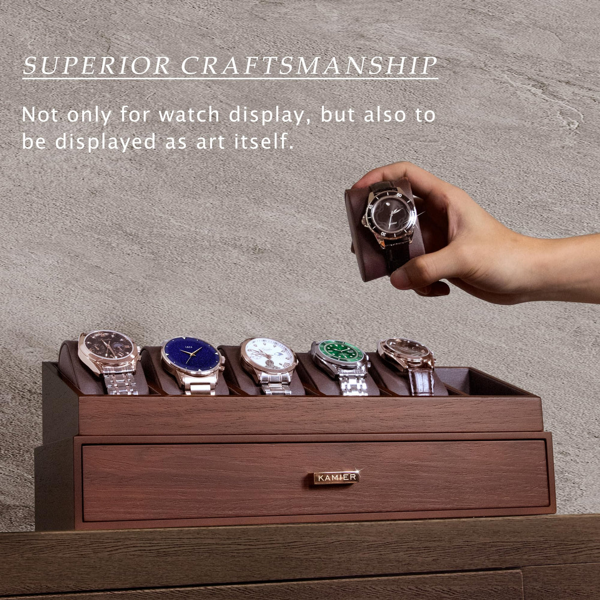 KAMIER High End Wooden Watch Box with 6 Slots & Glass Lid - 2-Layer Jewelry Organizer for Men - Watch Display Case, Ideal Business Gift for Watch Enthusiasts （with Gift Box）, Walnut KAMIER