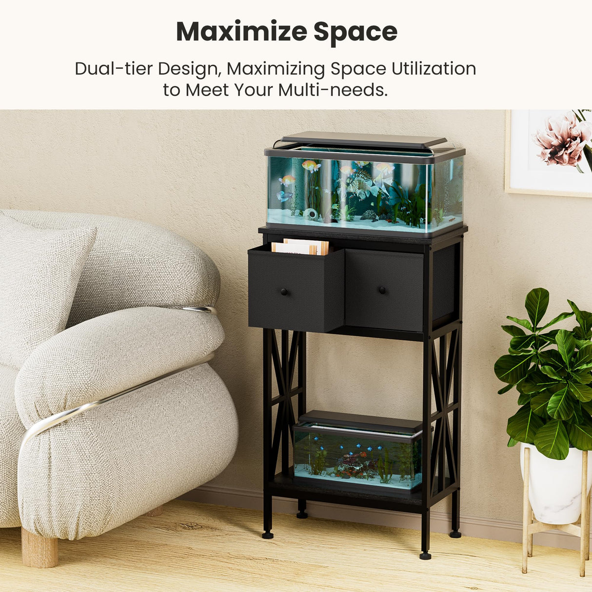 TRZZ 5-10 Gallon Fish Tank Stand, Heavy Duty Aquarium Stand with Dual-Tiered Cabinet, Accessory Storage Solution for Viewing Experience in Home & Office (20.47" L* 11.02" W) TRZZ