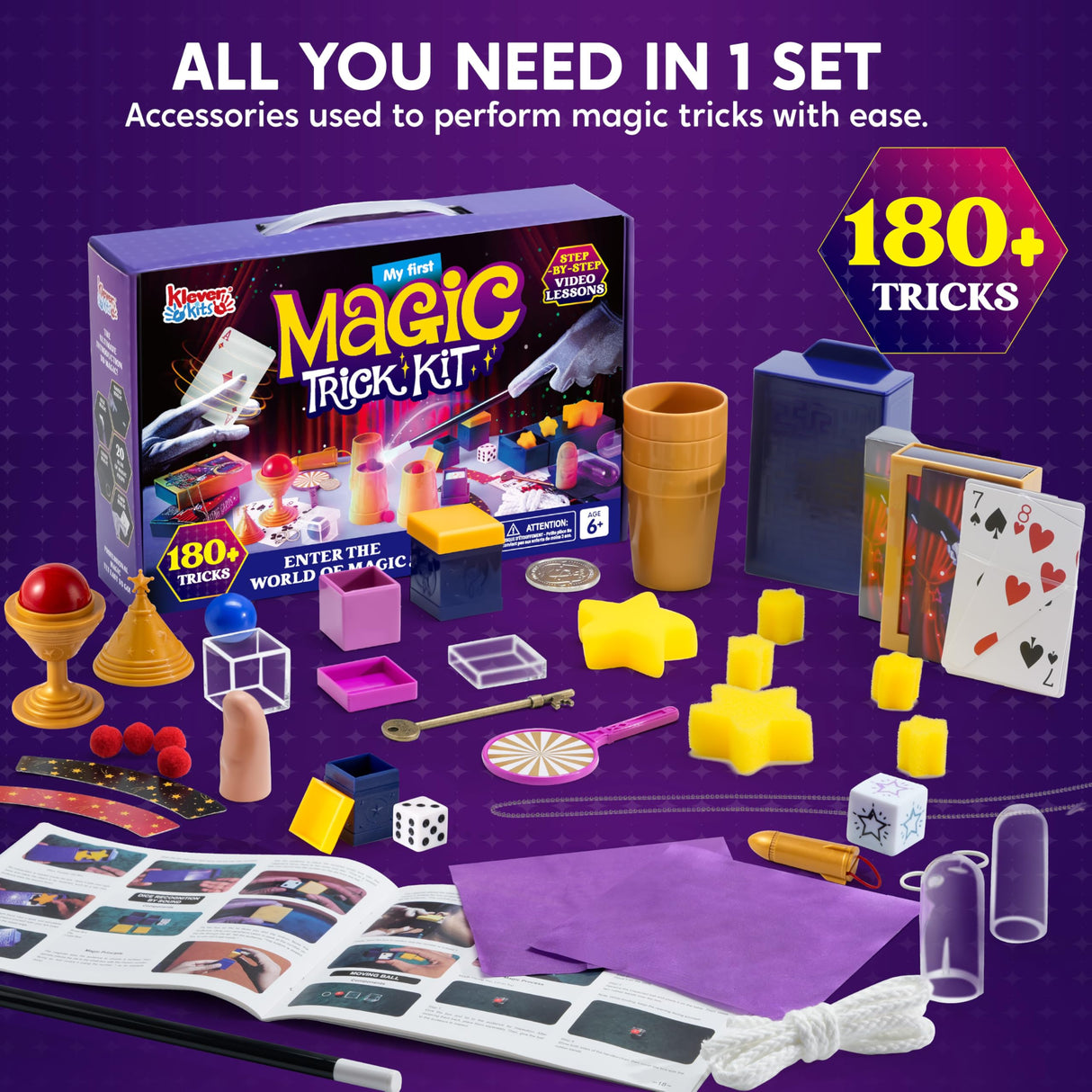 Klever Kits 180+ Magic Set- My First Magic Trick Kit- Amazing Magician Toy with Step-by-Step Video Lessons, for Kids Aged 6+ Easy Tricks of Wand and Illusion Cards Klever Kits