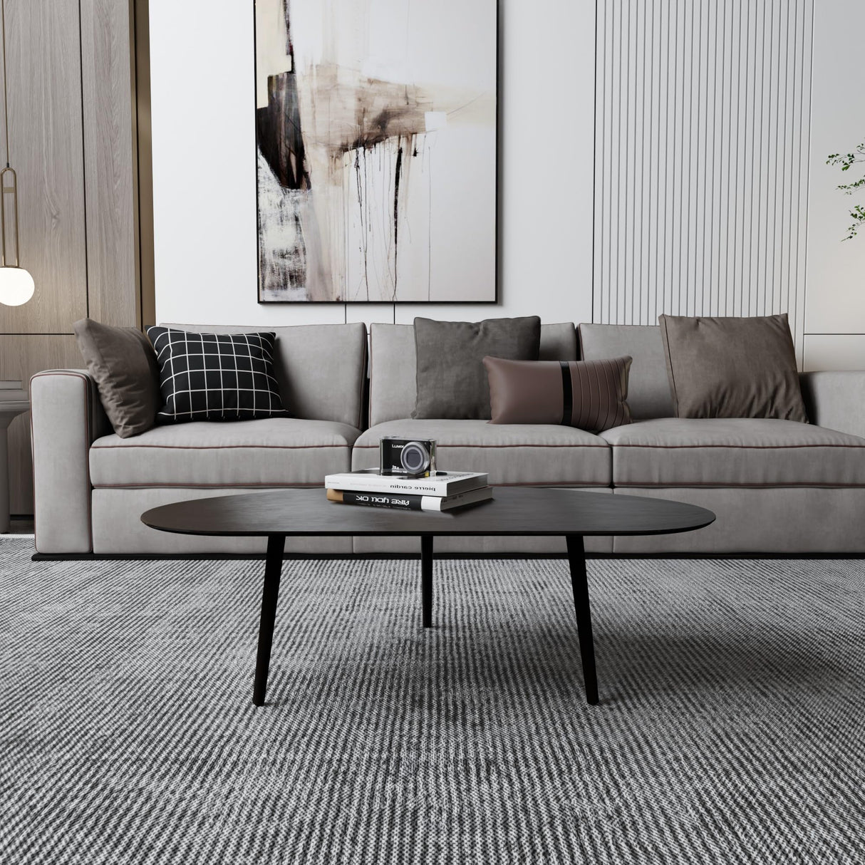 XINNAN Small Oval Coffee Table Mid Century Modern for Living Room, Center Table,Solid Wood Coffee Table,Nature Wood (Black, 18.9" D x 33.85" W 12.4" H) XINNAN