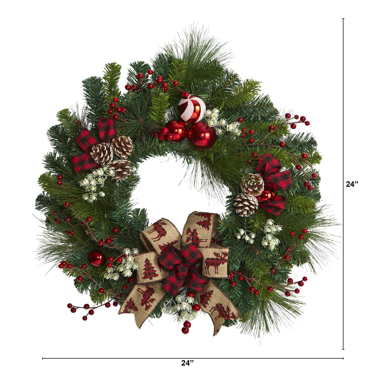 Nearly Natural 24in. Christmas Pine Artificial Wreath with Pine Cones and Ornaments