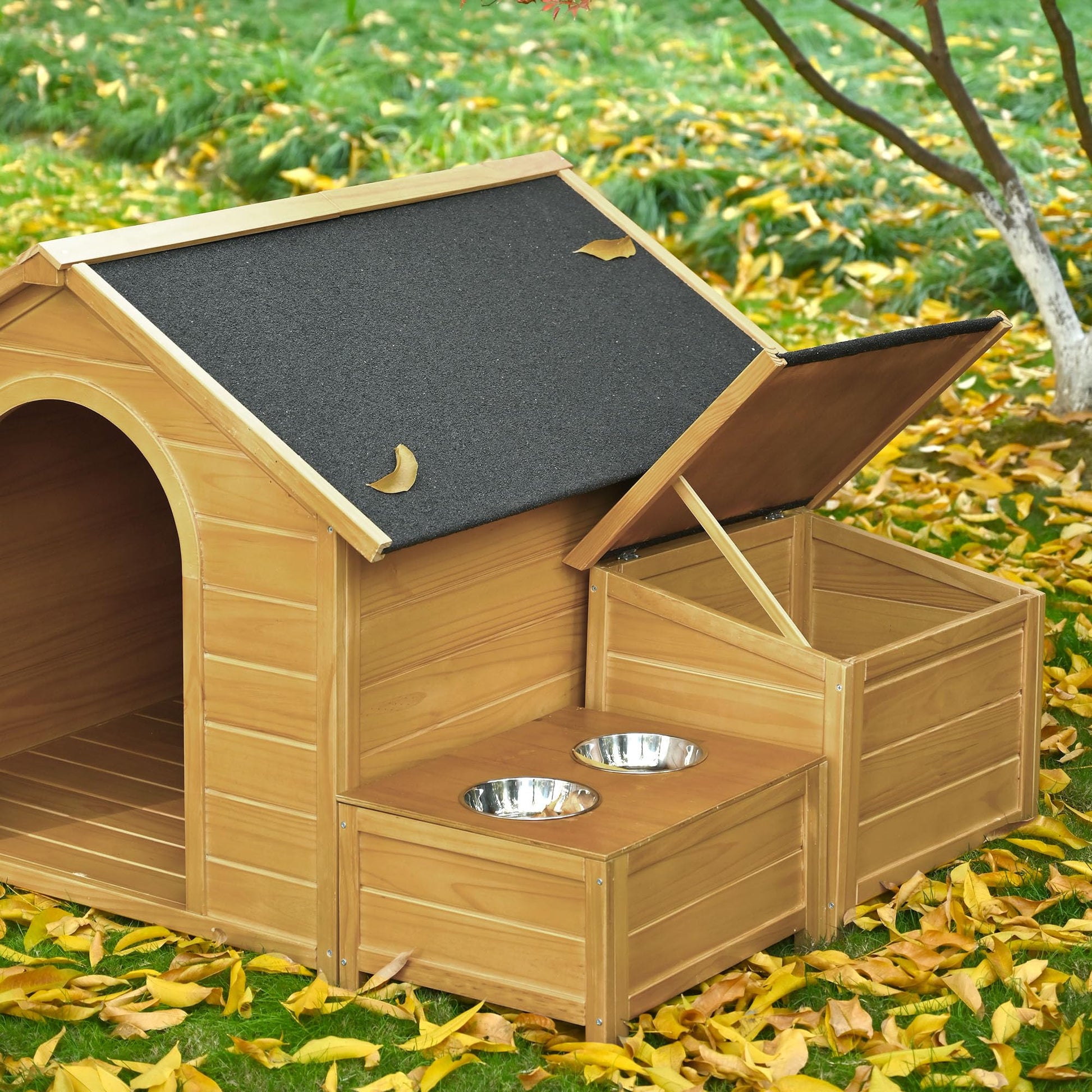 Large Dog House Outdoor, Wood Dog House with Feeding Bowls and Storage Box, Waterproof Roof Doghouse Suitable for Medium Large Dogs - 51.18" L x 43.7" W x 37" H - WoodArtSupply