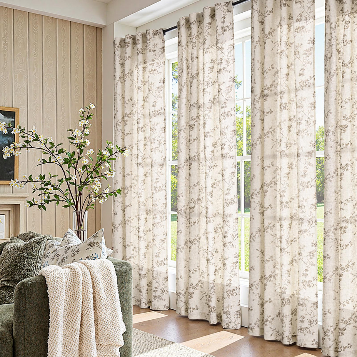 jinchan Linen Floral Curtains 84 Inch Farmhouse Country Flower Drapes Rustic Window Curtains Light Filtering for Living Room Bedroom Laundry Back Tab 2 Panels Taupe on Beige jinchan