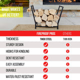 FireProof Pros Firewood Rack Outdoor and Indoor Firewood Storage with Kindling Wood Hooks. 25.6in Double Coated Fire Wood Rack. Waterproof Rustproof Stable Log Holder and Fireplace Decor Organizer FireProof Pros