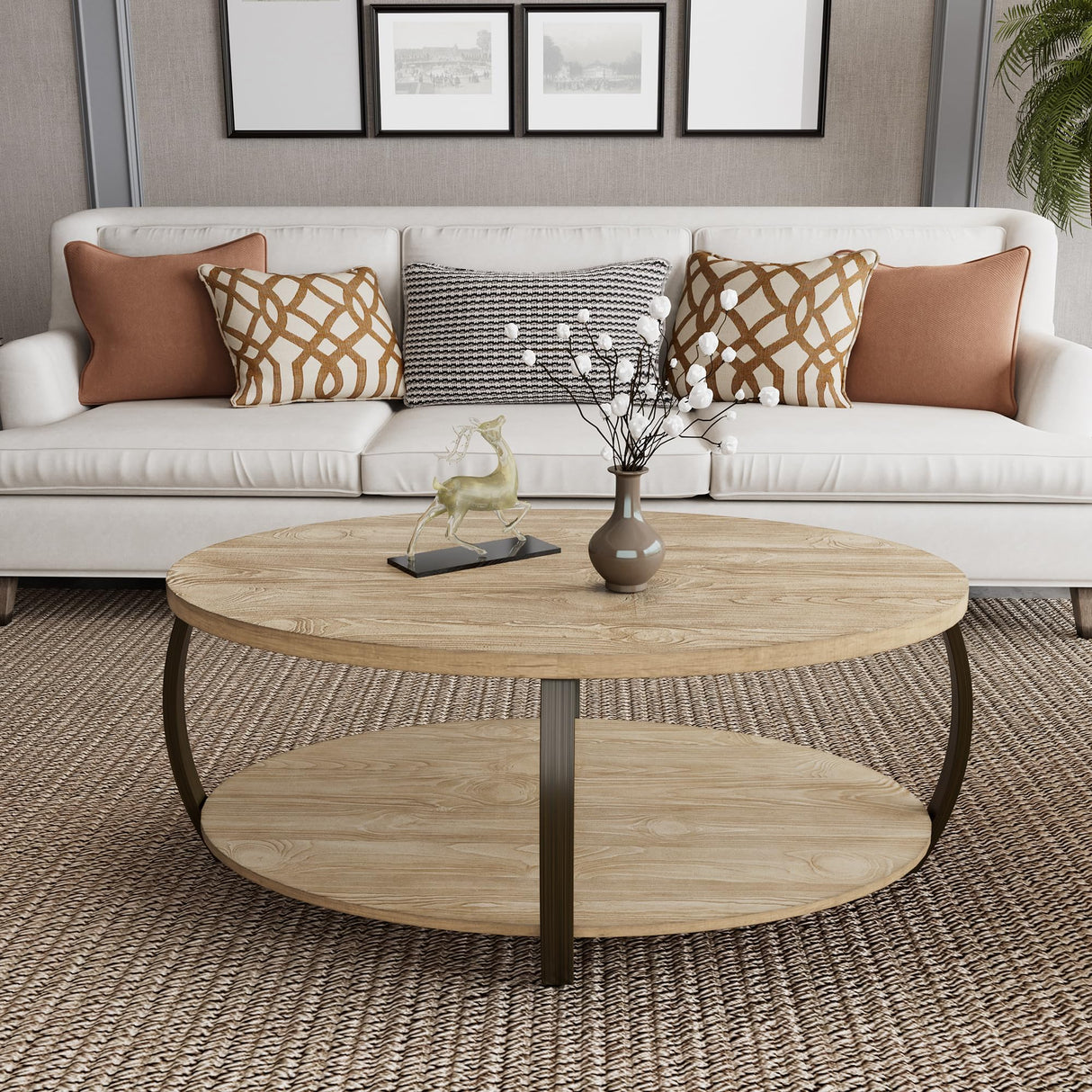 Wood Oval Coffee Table with 2 Tier Storage Shelf, 43 inch Solid Wood Center Table Rustic Accent Sofa Table with Natual Pine Wood Top & Black Curved Metal Legs for Living Room Home Decor Ripros