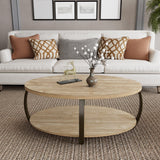 Wood Oval Coffee Table with 2 Tier Storage Shelf, 43 inch Solid Wood Center Table Rustic Accent Sofa Table with Natual Pine Wood Top & Black Curved Metal Legs for Living Room Home Decor Ripros