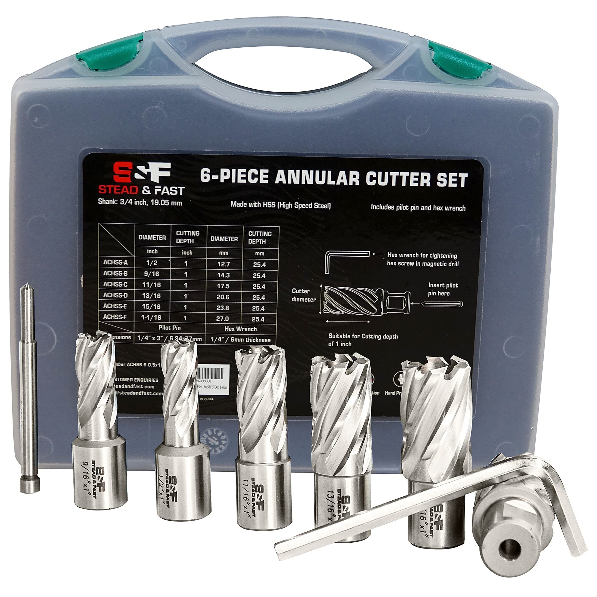 Annular Cutter Set 6 Pcs, Weldon Shank 3/4”, Cutting Depth 1”, Outside Diameter 1/2 to 1-1/16 Inch, Mag Drill Bits Kit for Magnetic Drill Press by S&F STEAD & FAST - WoodArtSupply