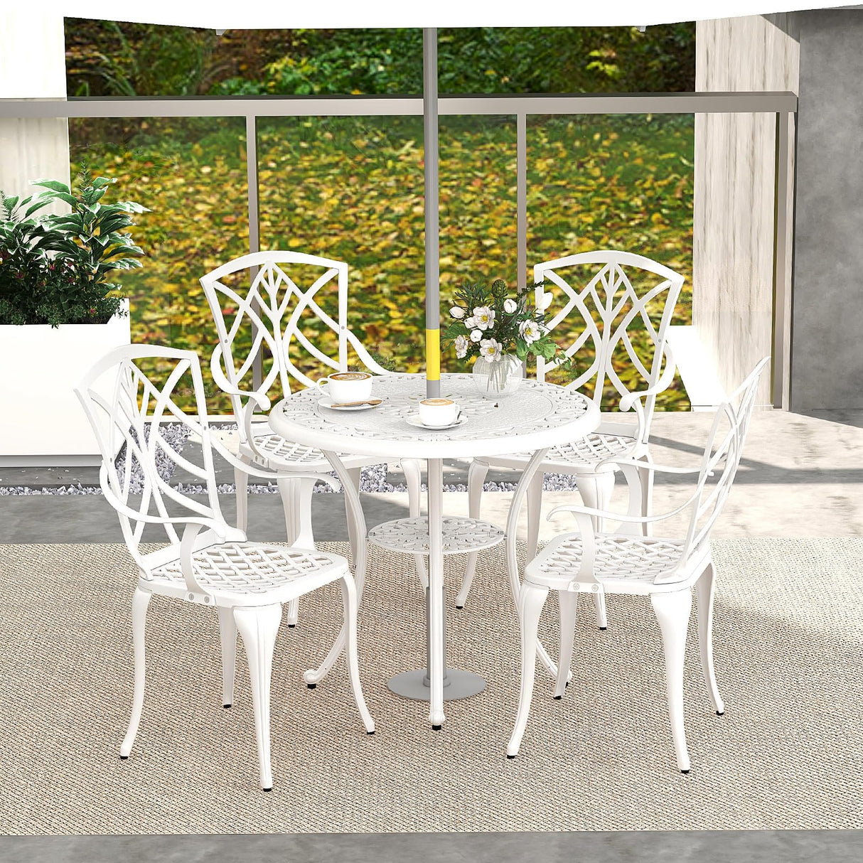 Tangkula 5 Pieces Cast Aluminum Outdoor Dining Set, Round Dining Table with 2” Umbrella Hole & 4 Armchairs, All-Weather Outdoor Furniture Set for Patio, Balcony, Garden & Backyard, White Tangkula
