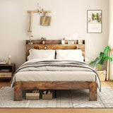 SAMTRA Rustic Farmhouse Full Size Bed Frame with Storage Headboard, Charging Station & Adjustable LED Lights SAMTRA