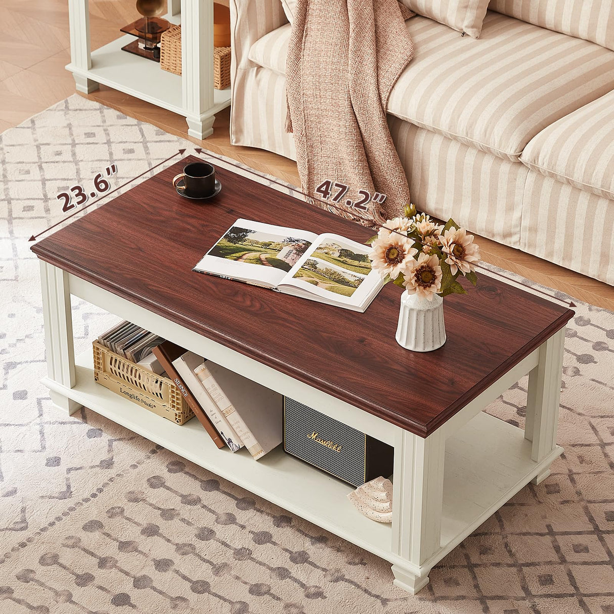 SAVOR LIFE Farmhouse Coffee Tables for Living Room,Square Tea Table with Open Storage Shelf,Large Coffee Table,Rustic Wooden Center Table,White SAVOR LIFE